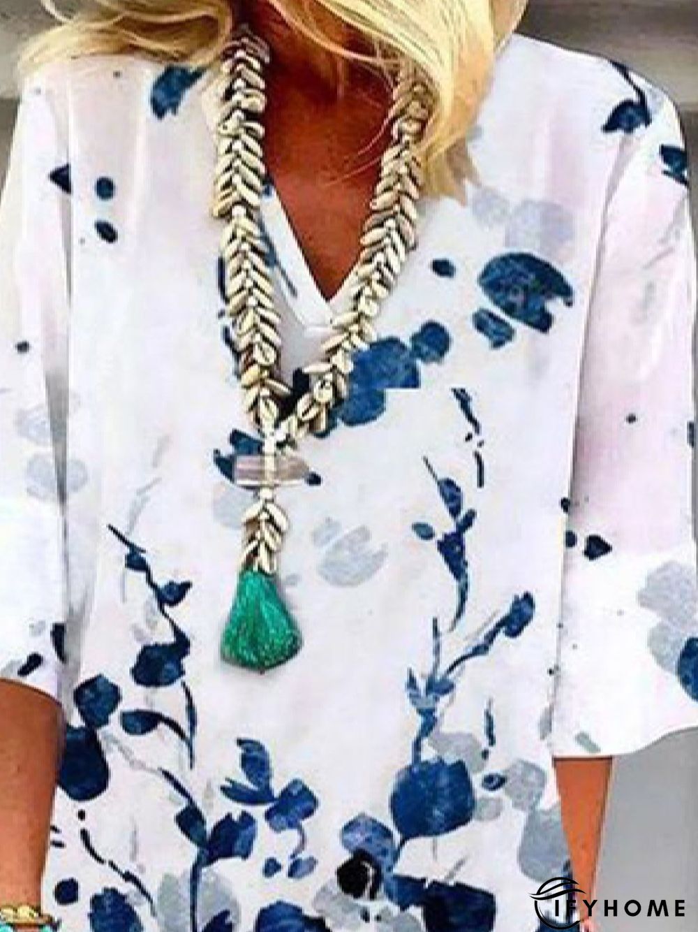 Casual V neck Loosen Floral Three Quarter Woven Dress | IFYHOME