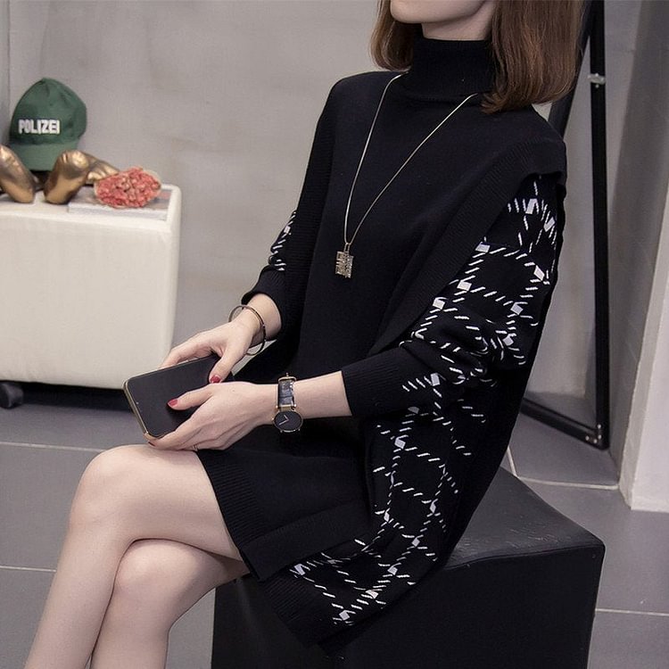 Black Long Sleeve Shift Plaid Knitted Dresses