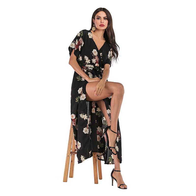 Chiffon Long Dress Women's Black Casual Printed Waist-controlled Large Swing