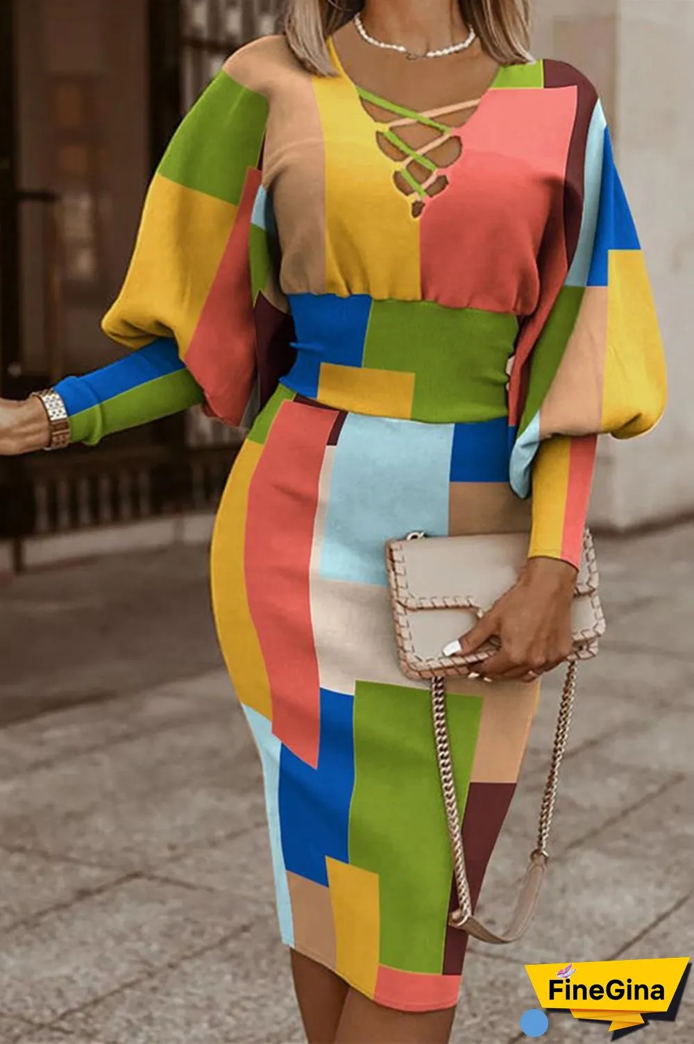 Apricot Sexy Casual Print Bandage Printing V Neck Wrapped Skirt Dresses