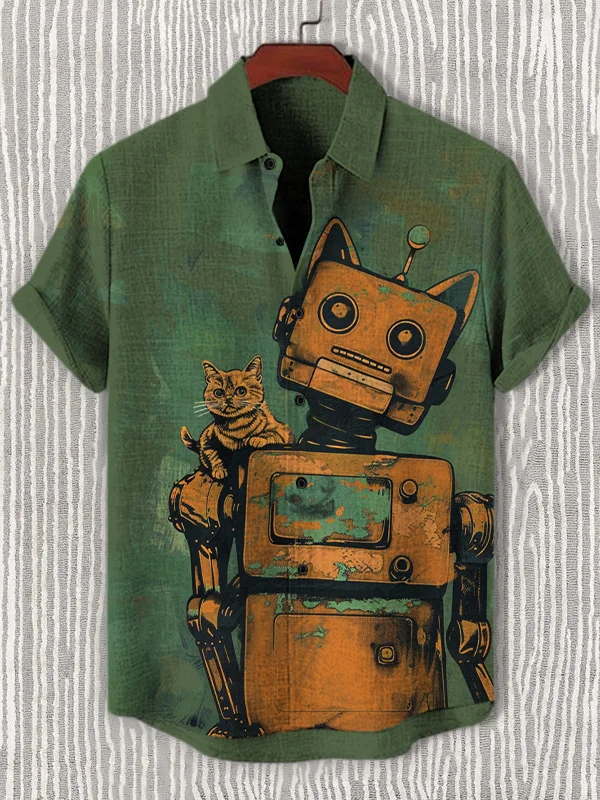 Men's Robot And Cat Art Print Casual Shirt