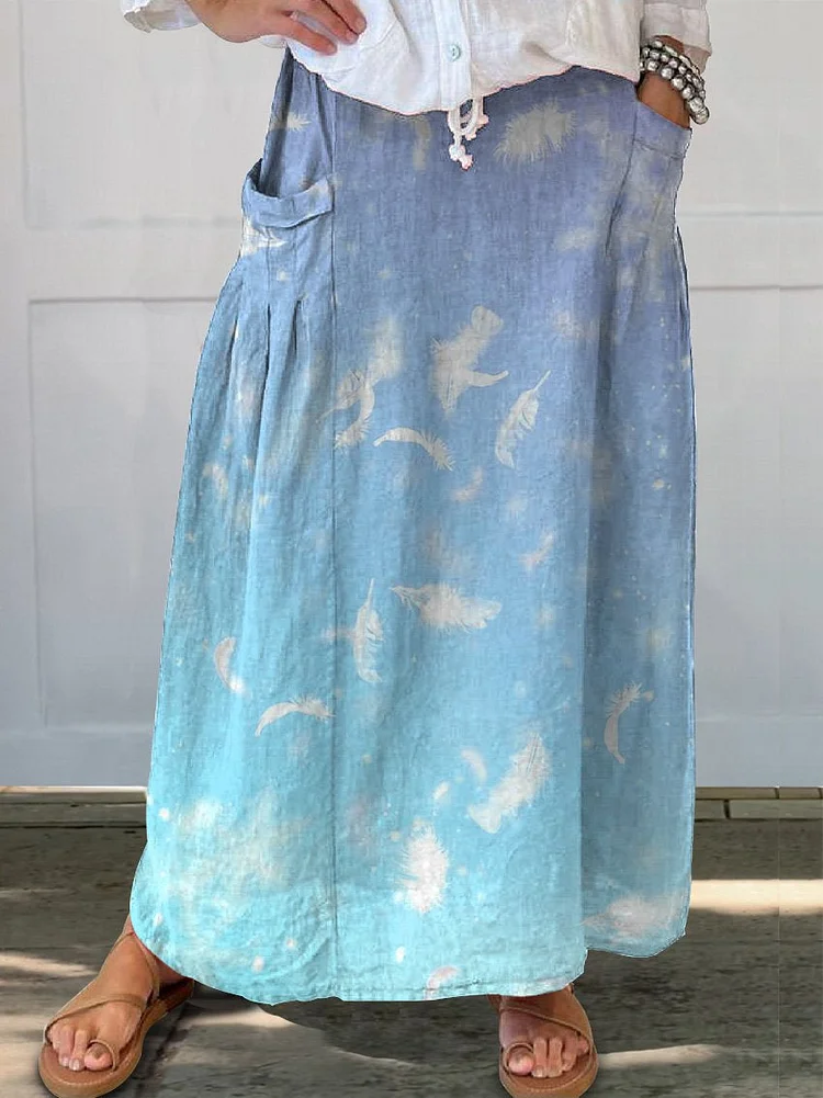 Feather And Ombre Background Art Printed Women's Linen Pocket Skirt