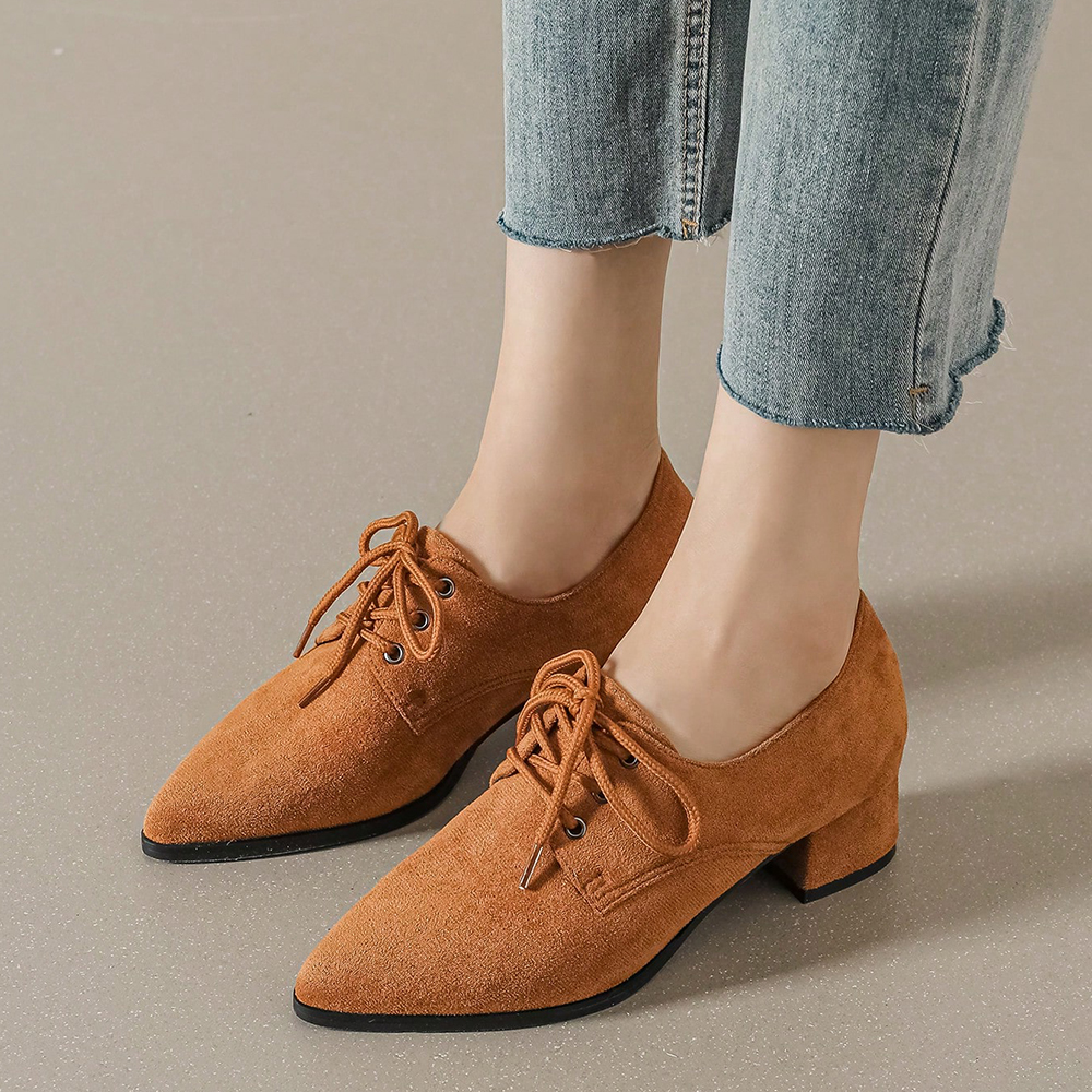 Brown Faux Suede Closed Toe Chunky Heel Lace Up Oxford Shoes Nicepairs