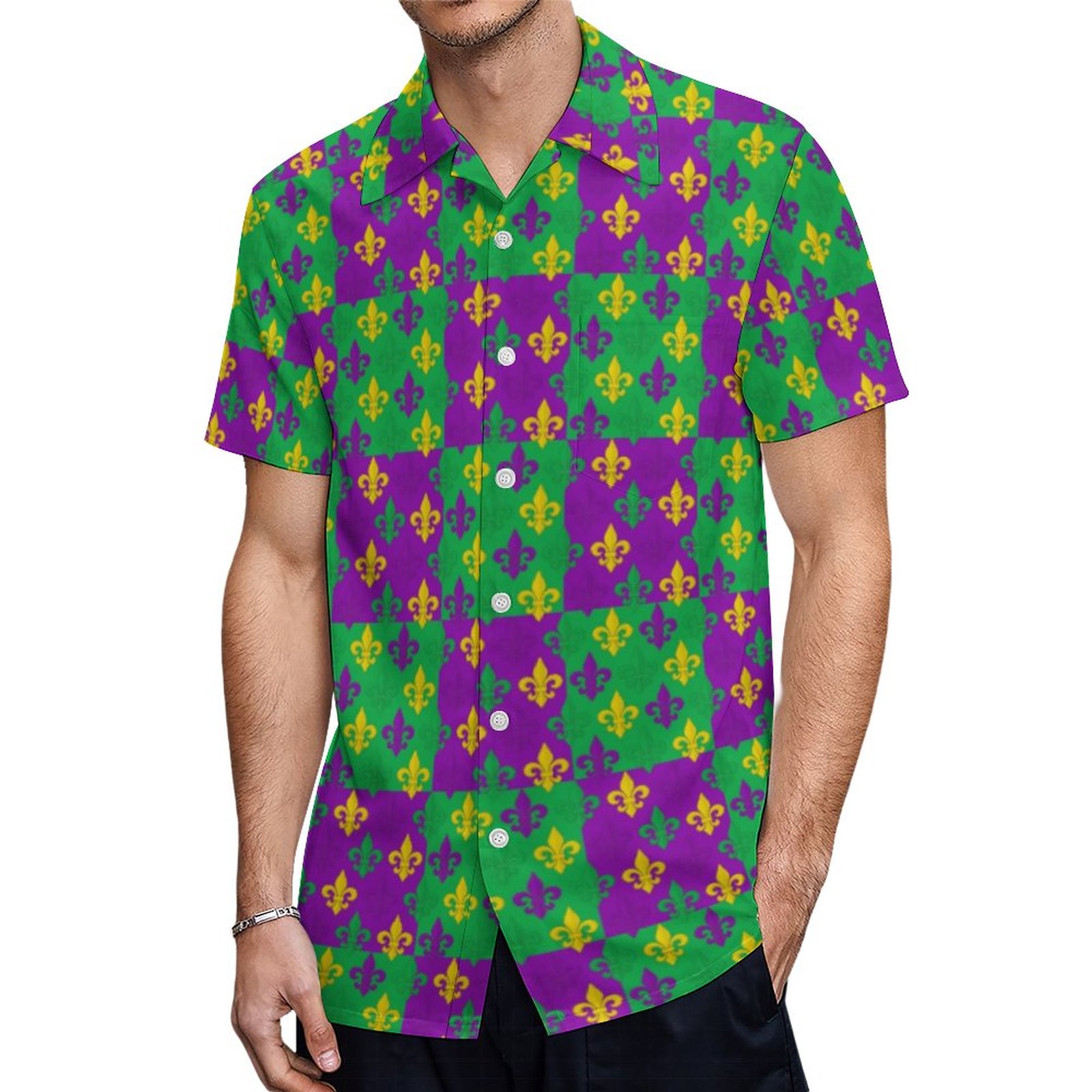 Mardi Gras Fleur De Lis Checkered Pattern Hawaiian Shirt Mens Button Down Tropical Hawaii Beach Shirts