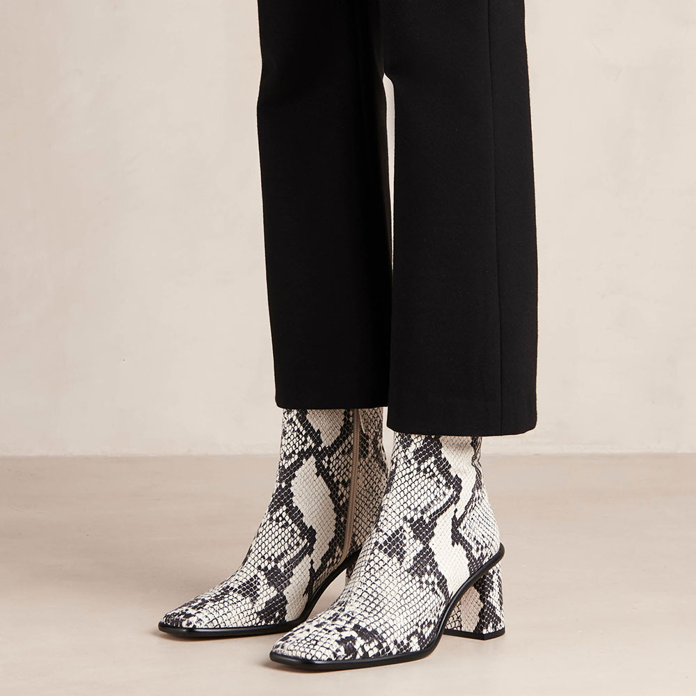 Gray SnakeSkin Square Toe 3'' Chunky Heel Side-Zip Ankle Boots Nicepairs