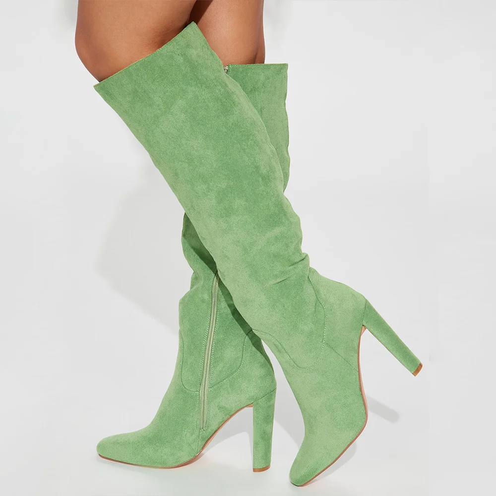 Green Round Toe Heels Boots Suede Knee High Boots