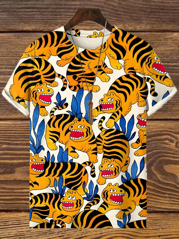 Men's Interesting Retro Tiger Pattern Print Casual T-Shirt