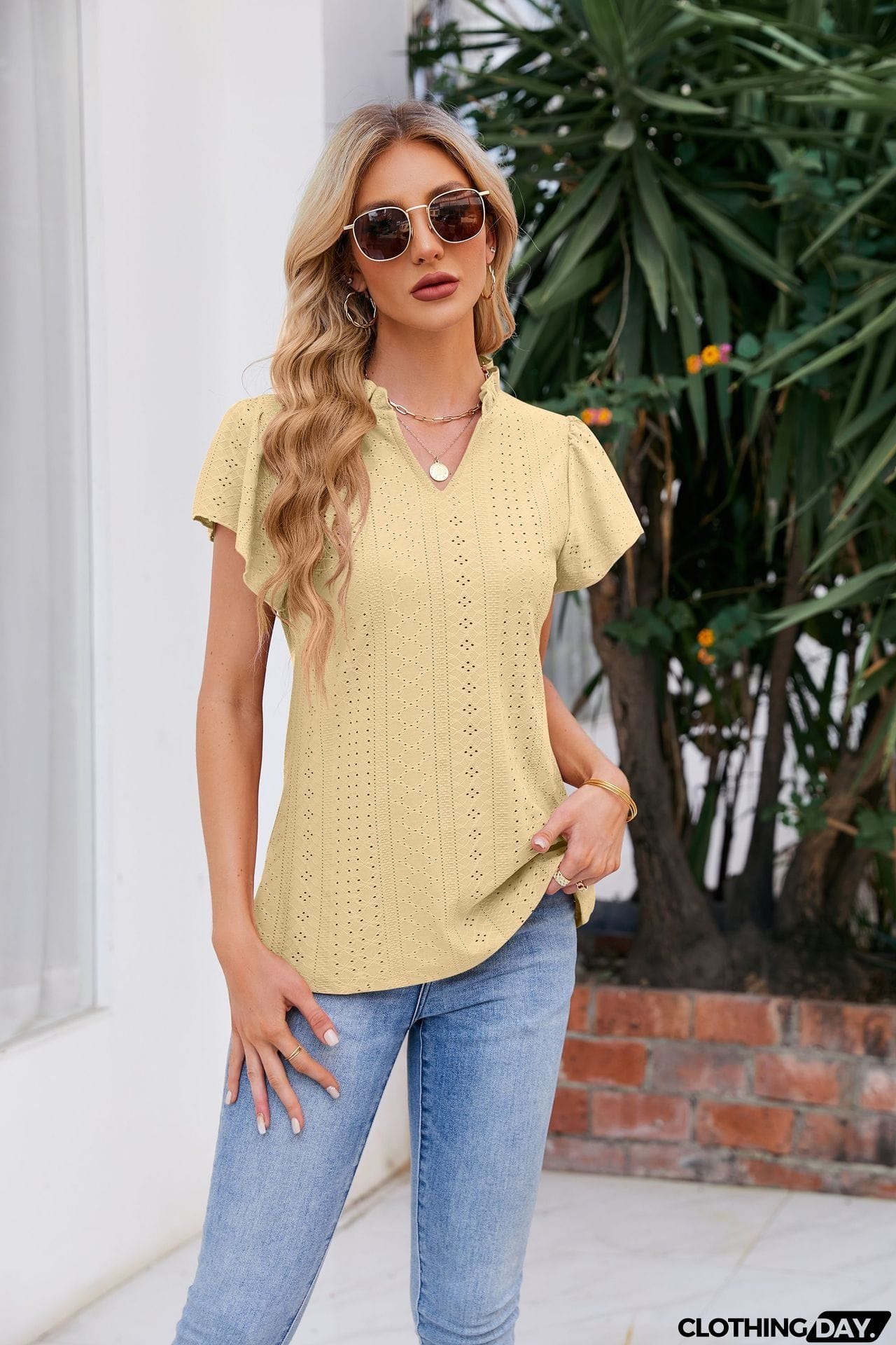 Notched Neck Puff Sleeve Blouse
