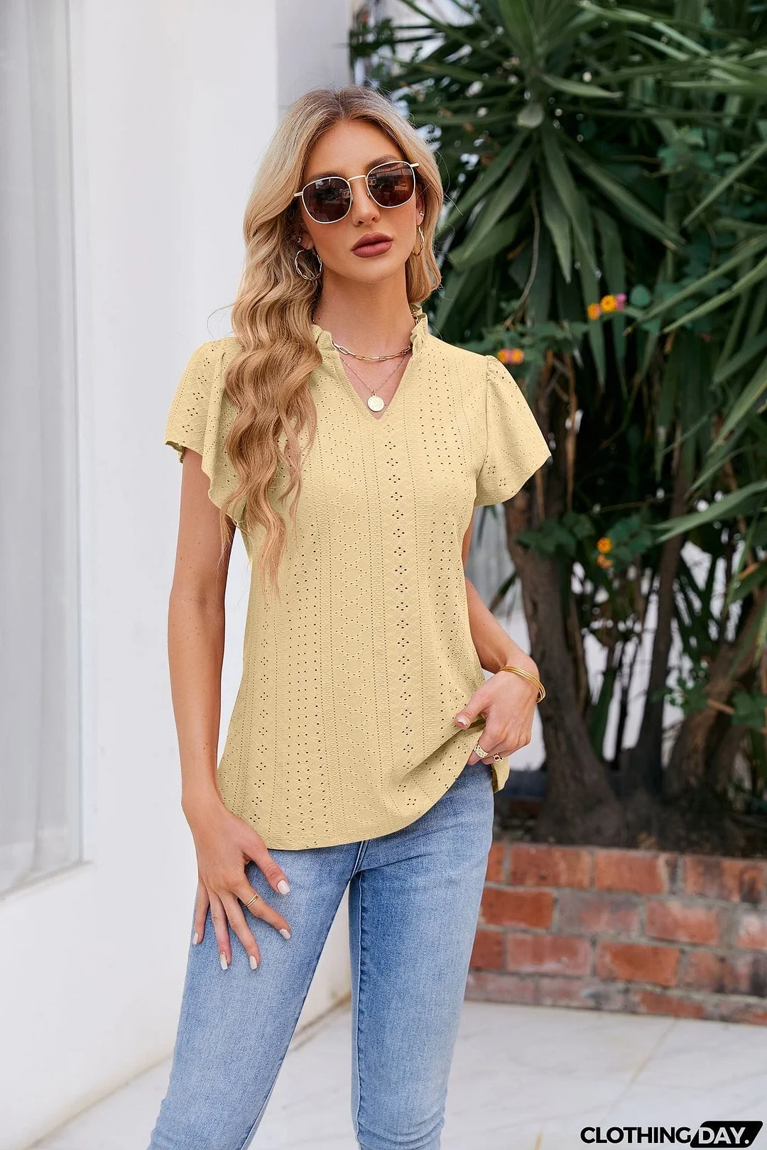 Notched Neck Puff Sleeve Blouse