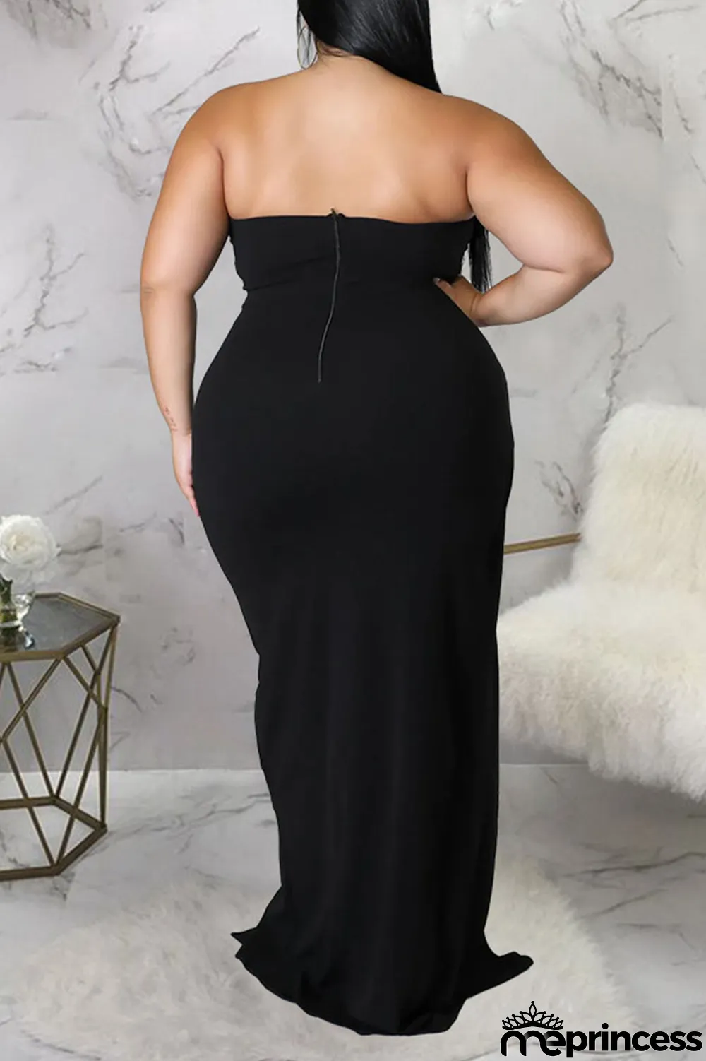 Black Sexy Solid Patchwork Flounce Slit Asymmetrical Strapless Evening Dress Plus Size Dresses