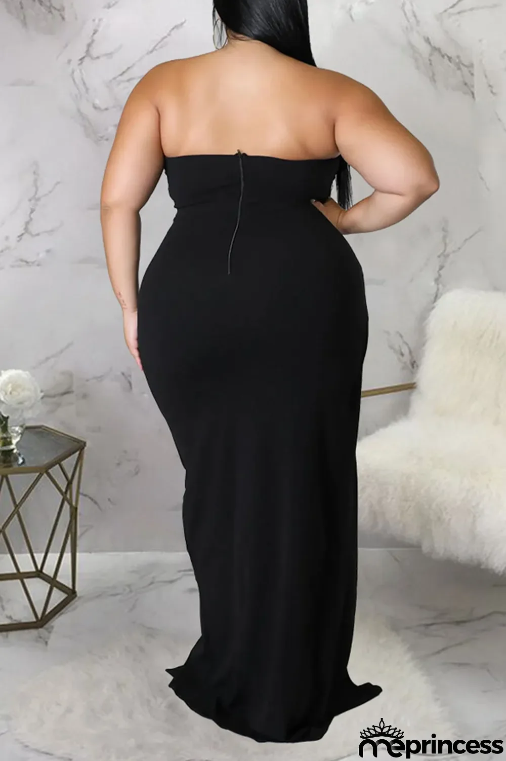 Black Sexy Solid Patchwork Flounce Slit Asymmetrical Strapless Evening Dress Plus Size Dresses