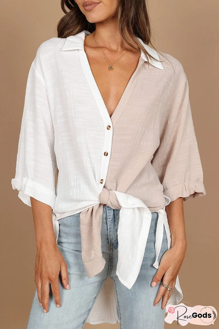 Relaxed Fit Colorblock Linen-Cotton Blouse
