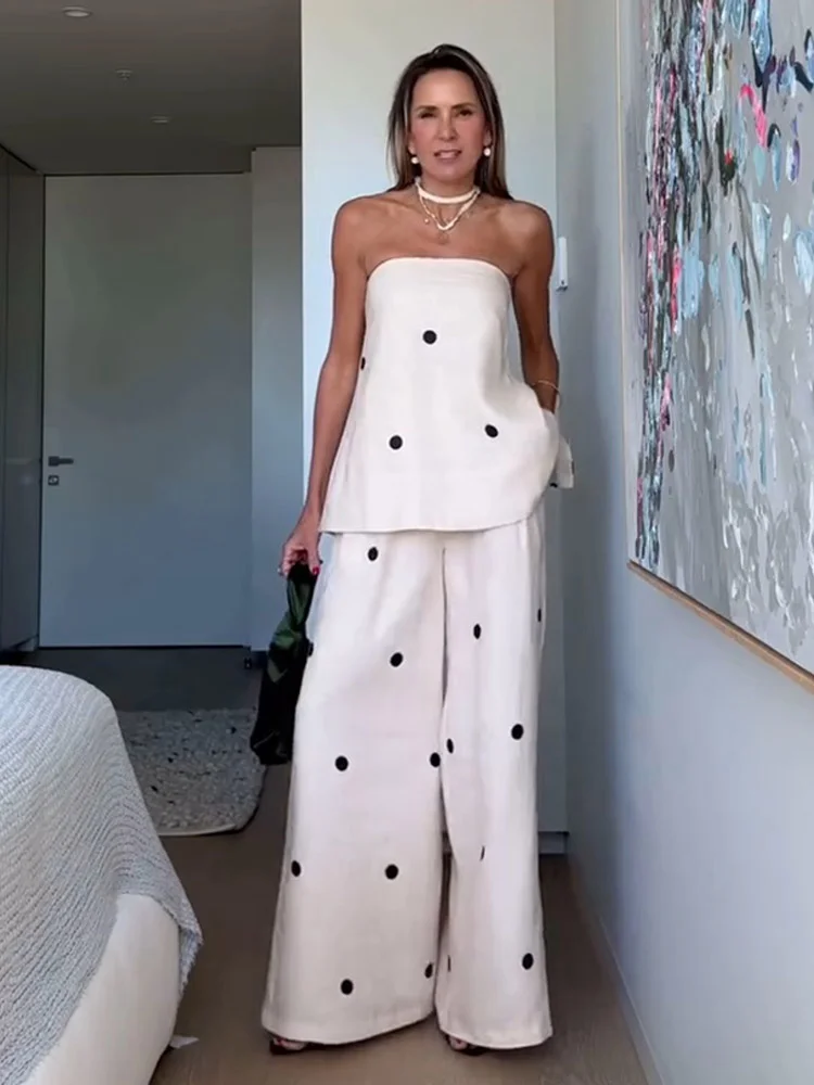 Women Chic Dot Print Wrapped Chest Strapless Tops Set Fashion Back Slit Zipper Top Wide Leg Pants Suit Two pieces Sets