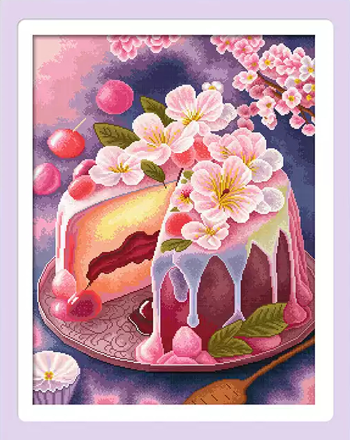 【KS Brand】Cherry Blossom Cake Full 16CT Pre-stamped Canvas(45*56cm) 68 Colors Cross Stitch