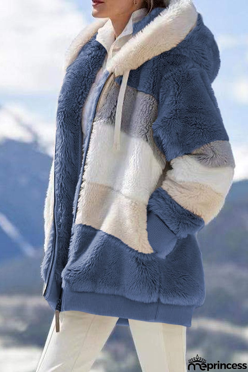 Colorblock Zip Up Sherpa Coat with Hooded