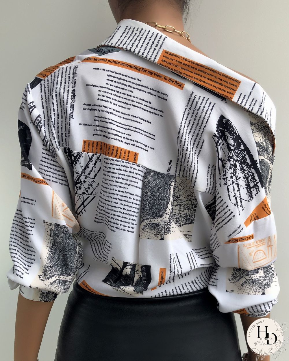 Newspaper Print Button Design Lantern Sleeve Shirt P13545