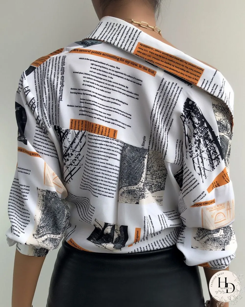 Newspaper Print Button Design Lantern Sleeve Shirt P13545