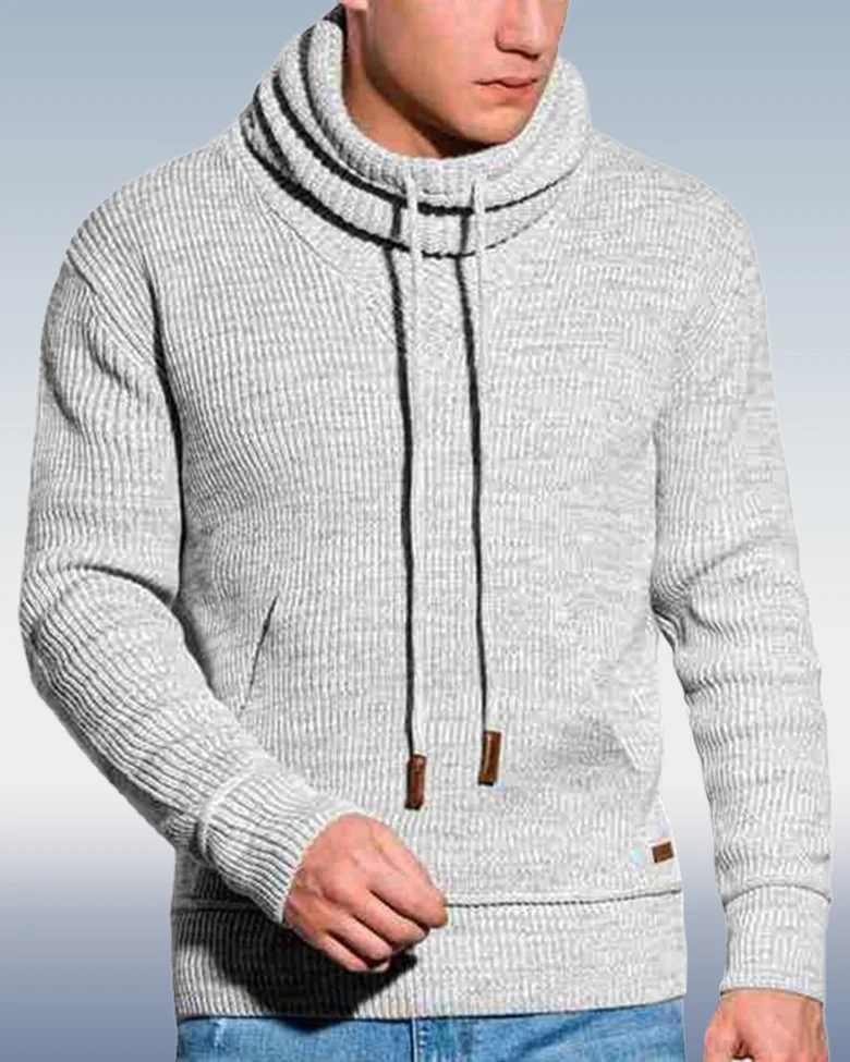Men's White Pile Collar Long Sleeve Pullover Sweater