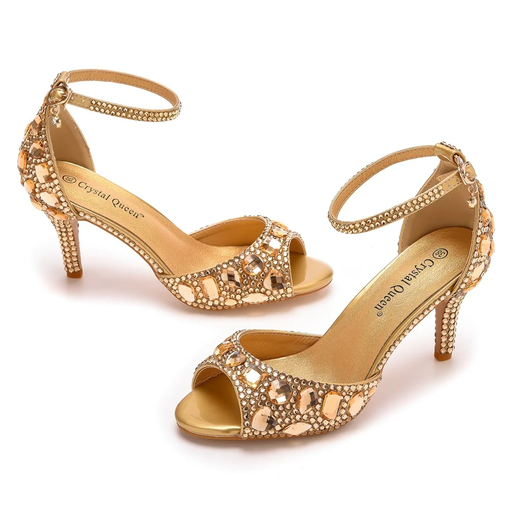 Breakj Breakj Cm Fish Mouth High Heel Sandals Shallow Mouth With Large-Size Round-Head High Heels Golden Water Drill Fine Sandals