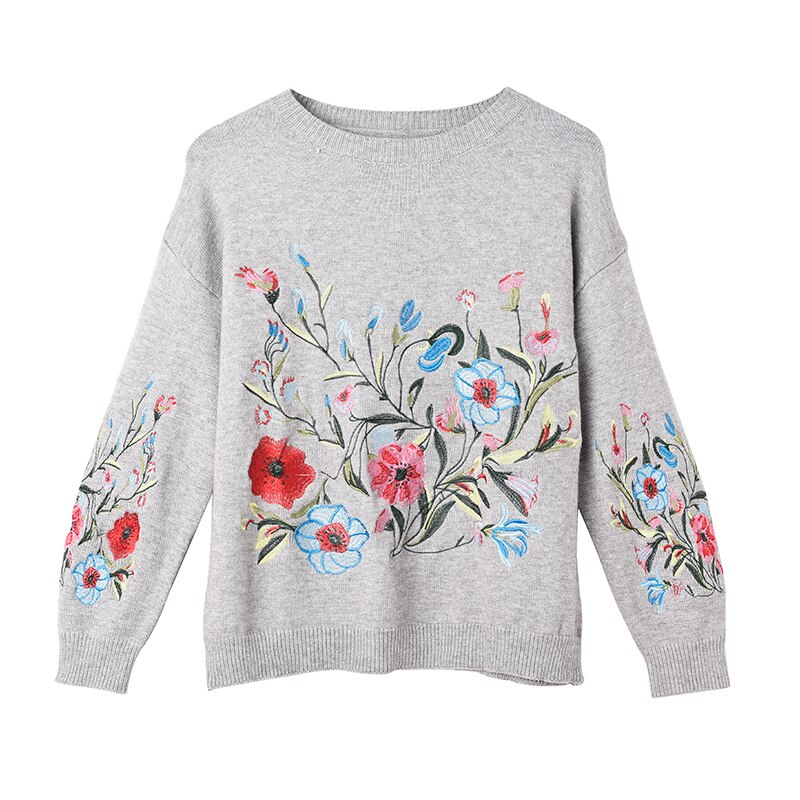 Spring Autumn Round Neck Long Sleeve Flower Embroidered Knitting Warm Loose Sweater Pollovers