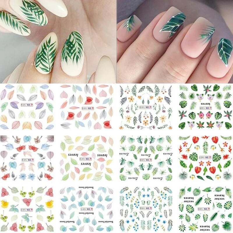 Harunouta 12pcs Simple Green Theme Water Decal Sticker Flower Leaf Tree Summer DIY Slider For Manicuring Nail Art Watermarks