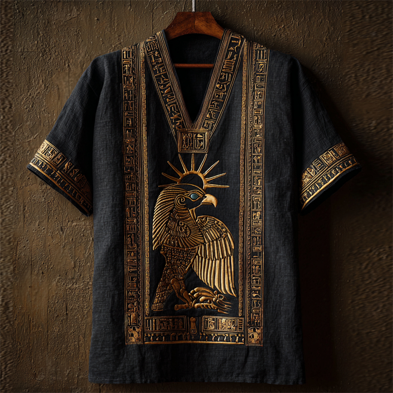 Ancient Egyptian God Ra & Sun Runes Embroidered Linen Shirt