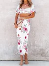 Floral-Print Puff Sleeves Tops Two Piece Skirt Suit