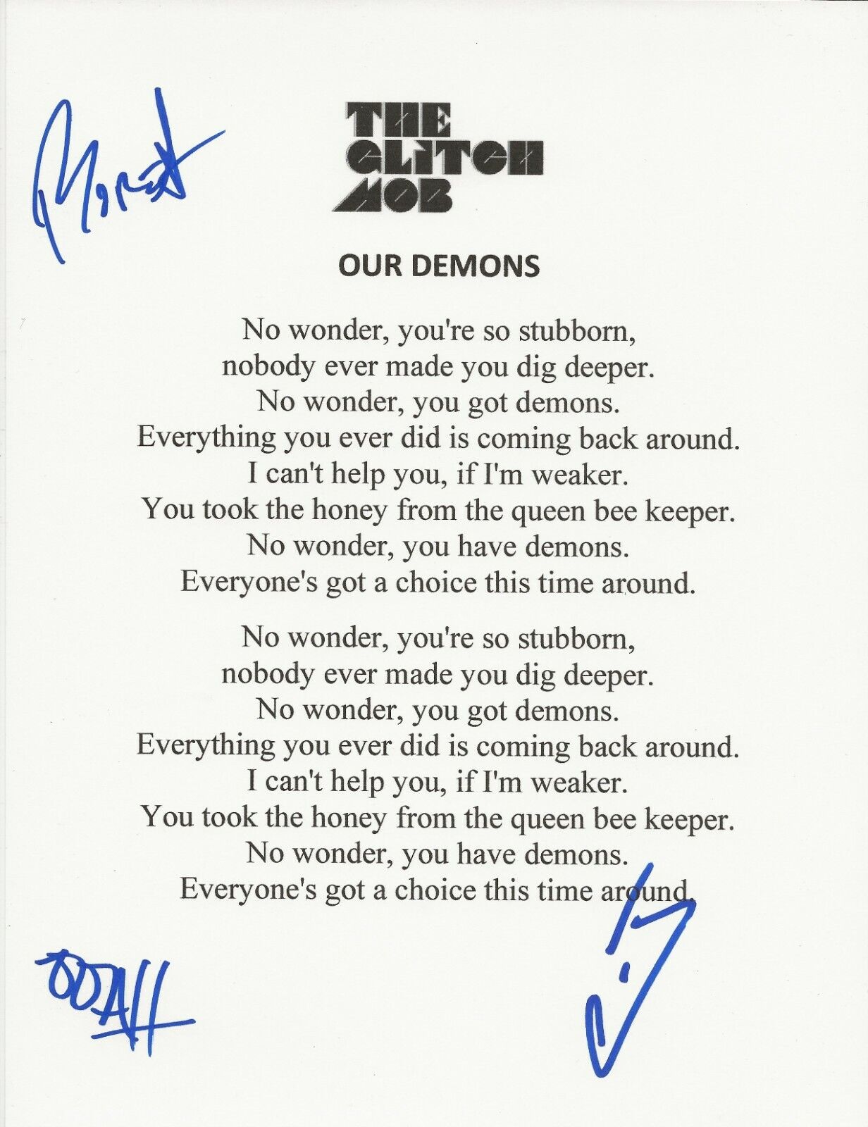 The Glitch Mob REAL hand SIGNED Our Demons Lyric Sheet COA Autographed by all 3