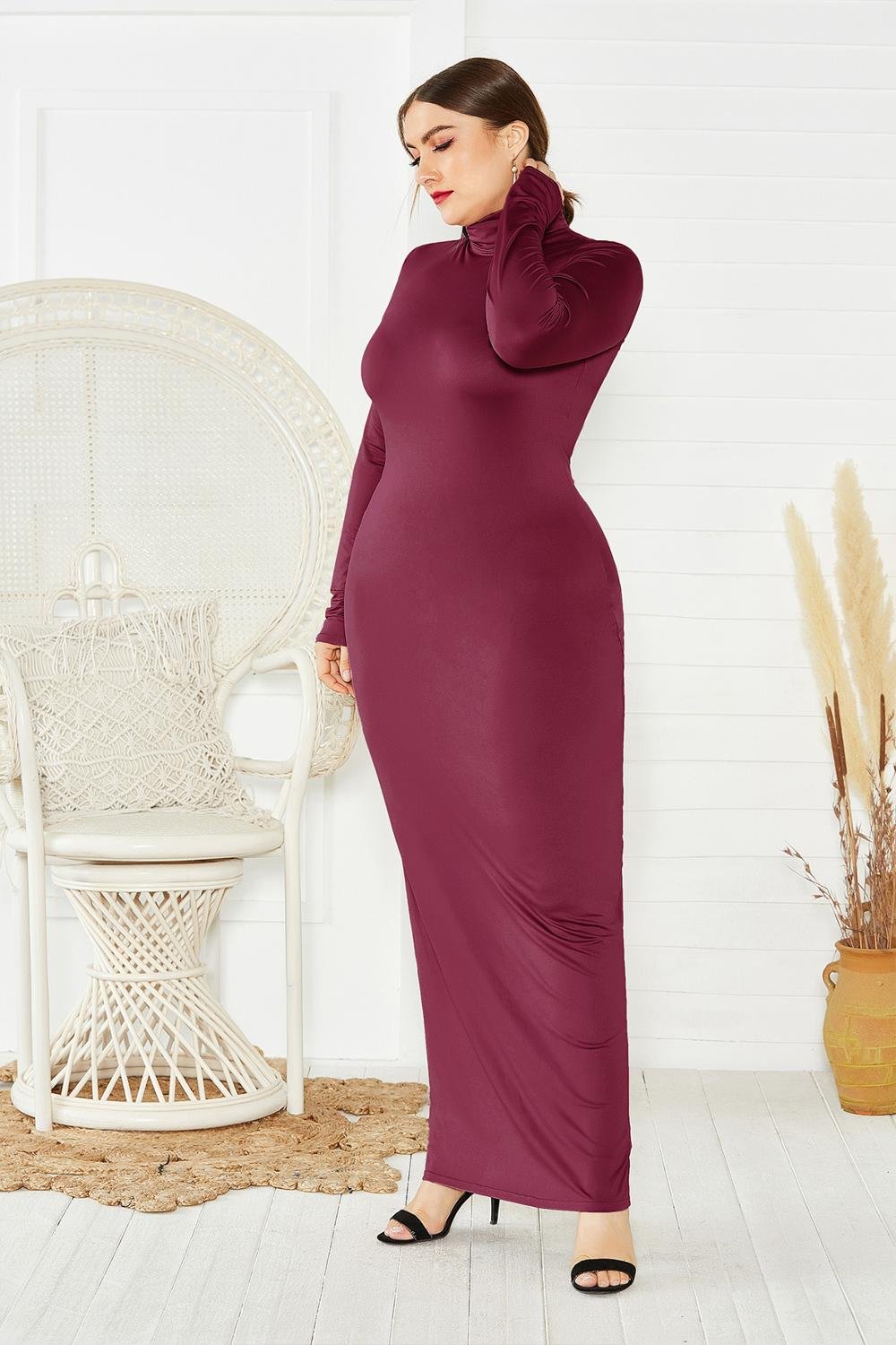 Spring Autumn Women Solid Casual Slim Bodycon Package Hip Maxi Dress Long Sleeve Turtleneck Stretchy Long Dresses Plus Size Robe