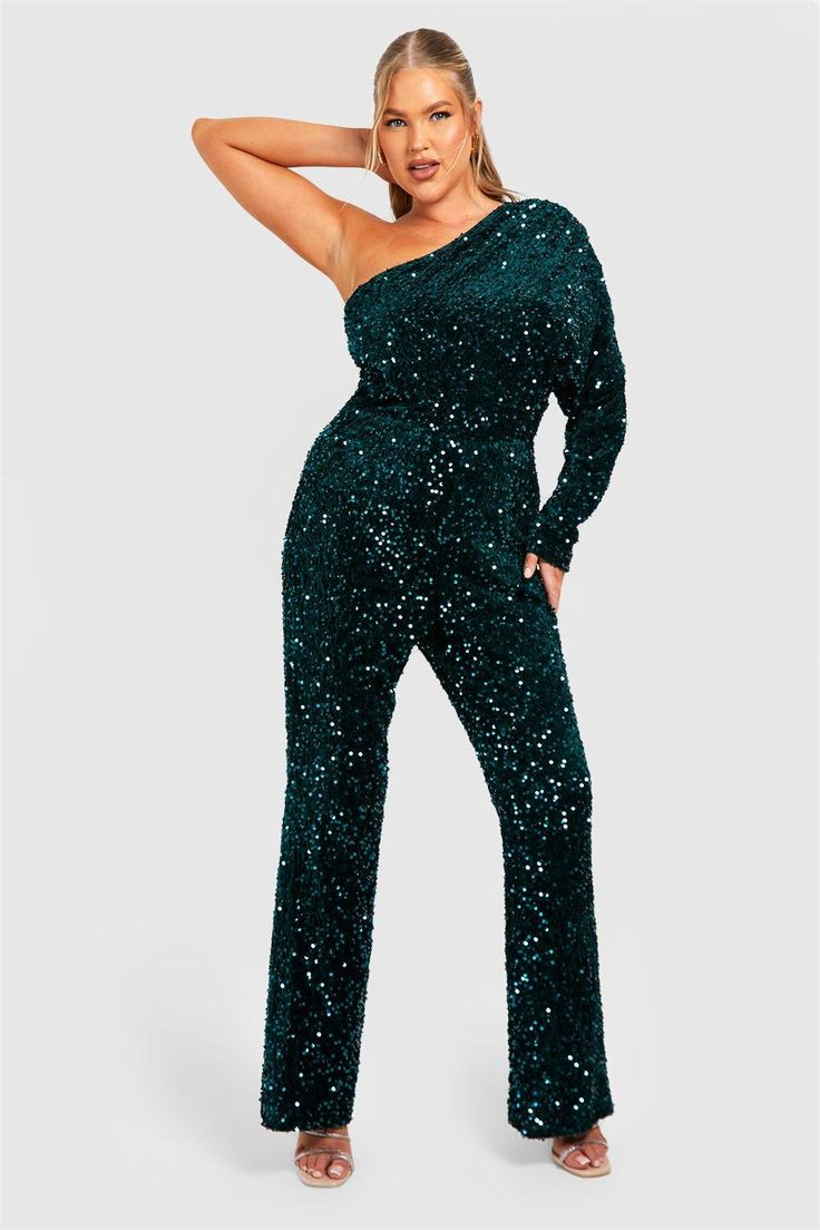 Hidais Shining Black One Shoulder One Sleeveless High Waist Long Jumpsuit with Beadings