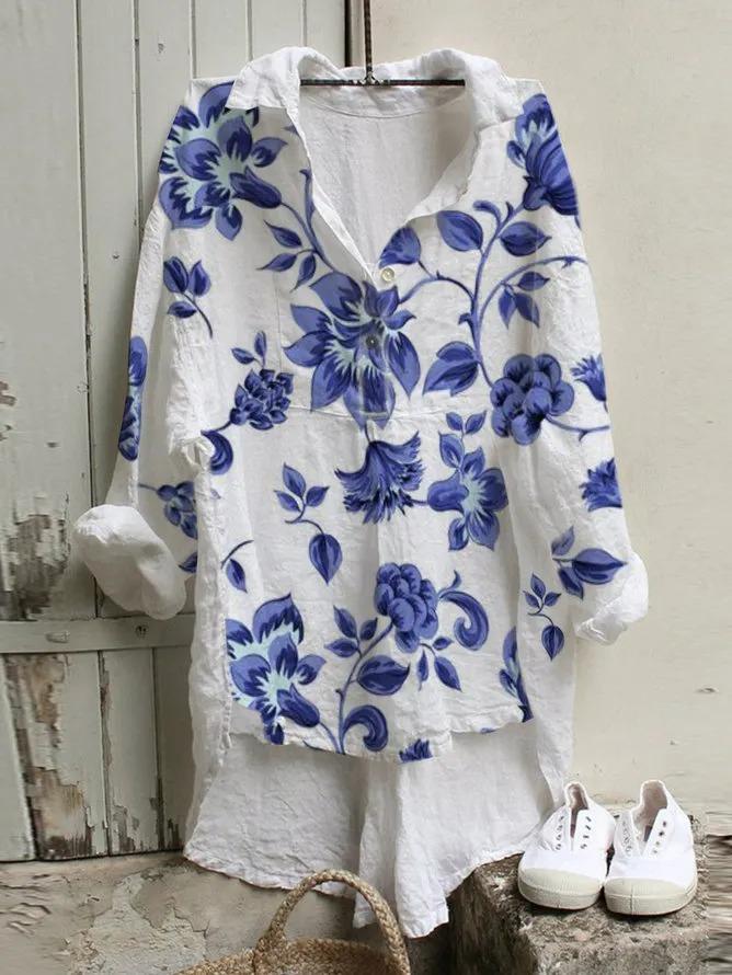 White Cotton-Blend Casual Floral Shirts & Tops