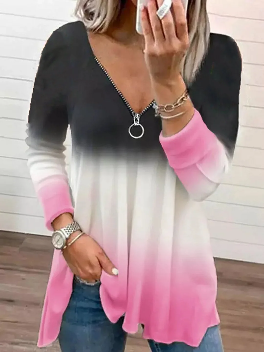 Tie Dye Printed V Neck Loosen Long sleeve Casual Tops