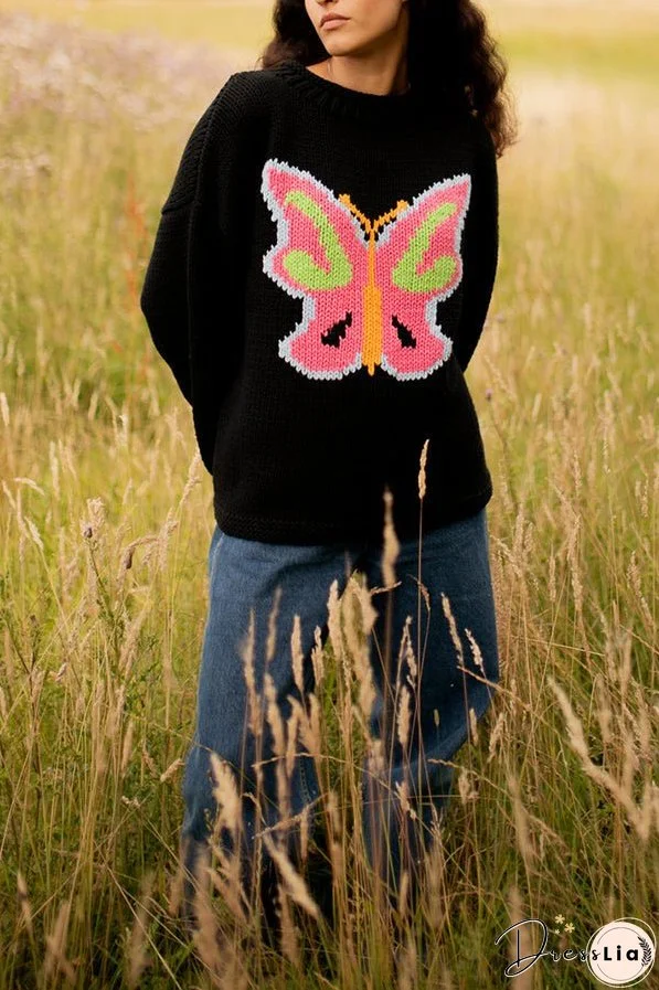 Y2K VIBES NEON BUTTERFLY KNIT LOOSE PULLOVER SWEATER