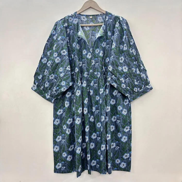 Pink Floral Hand Block Print Woman Midi Dress &ndash; Bohemian Cotton Tunic for Women with Zipper & String Closure