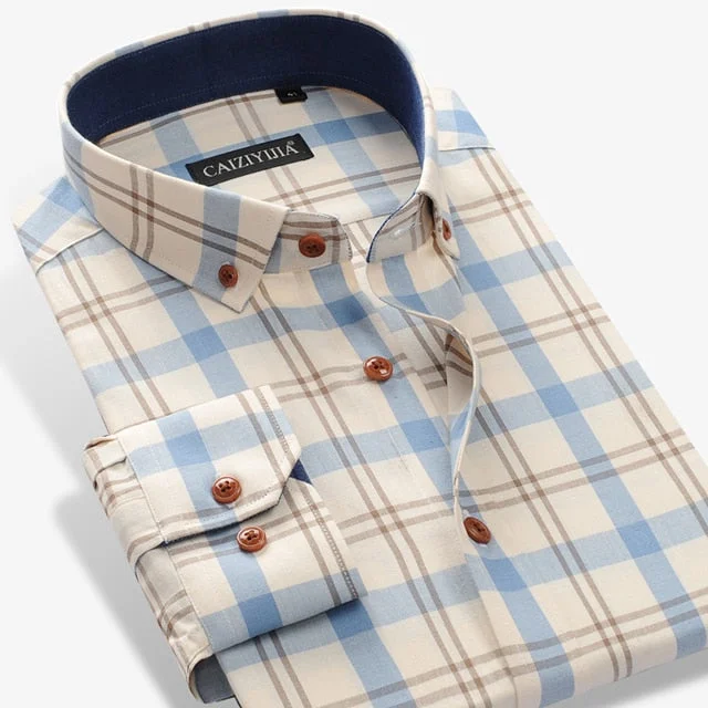 Inongge Men's 100% Cotton Long Sleeve Contrast Plaid Checkered Shirt Pocket-less Design Casual Standard-fit Button Down Gingham Shirts