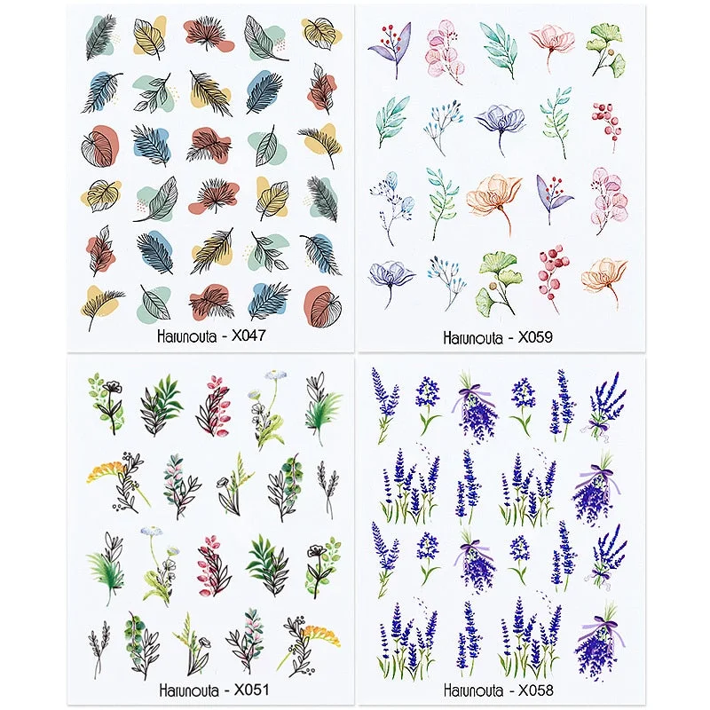 Harunouta 4pcs Geometry Color Wave Line Water Decals Stickers Flower Leaves Slider For Nails Spring Summer Nail Art Decorations-Nail Inspo