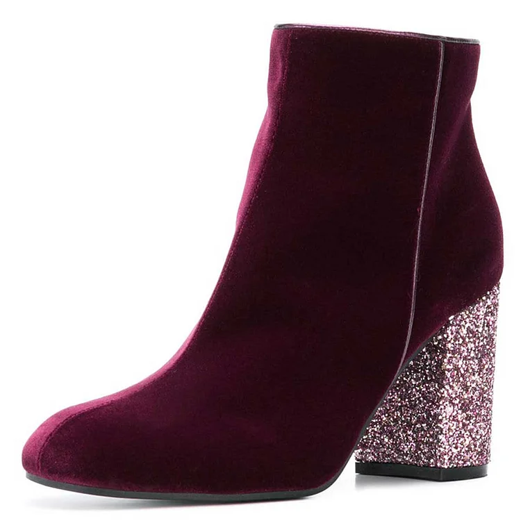 Burgundy Boots Velvet Round Toe Glitter Chunky Heel Ankle Boots |FSJ Shoes