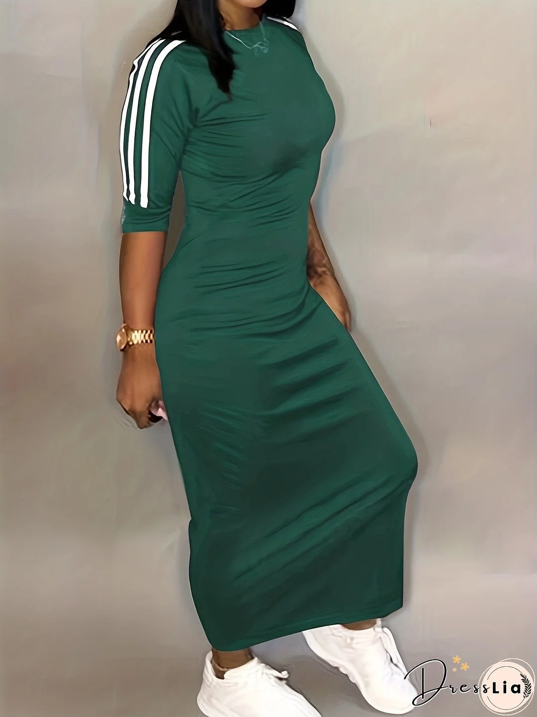 Striped Print Maxi Dress, Casual Crew Neck Dress For Spring & Summer, Women's Clothing