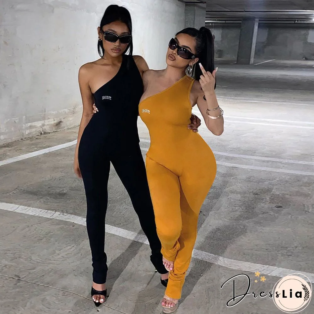 Wild Fashion Jumpsuit Women Letter Print One Shoulder Sleeveless Long Rompers Summer Skinny Party Clothes Clubwear