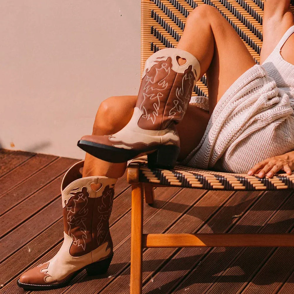 Brown & Ivory Chunky Heel Patchwork Cowgirl Boots with Embroidery