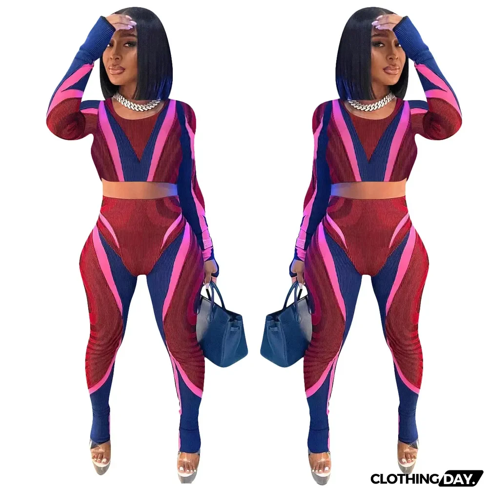 Womens Fashion Casual Print Open Waist Two Piece Pants Set