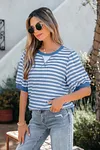 Women's Casual Sky Blue Stripe Short Bubble Sleeve T Shirt