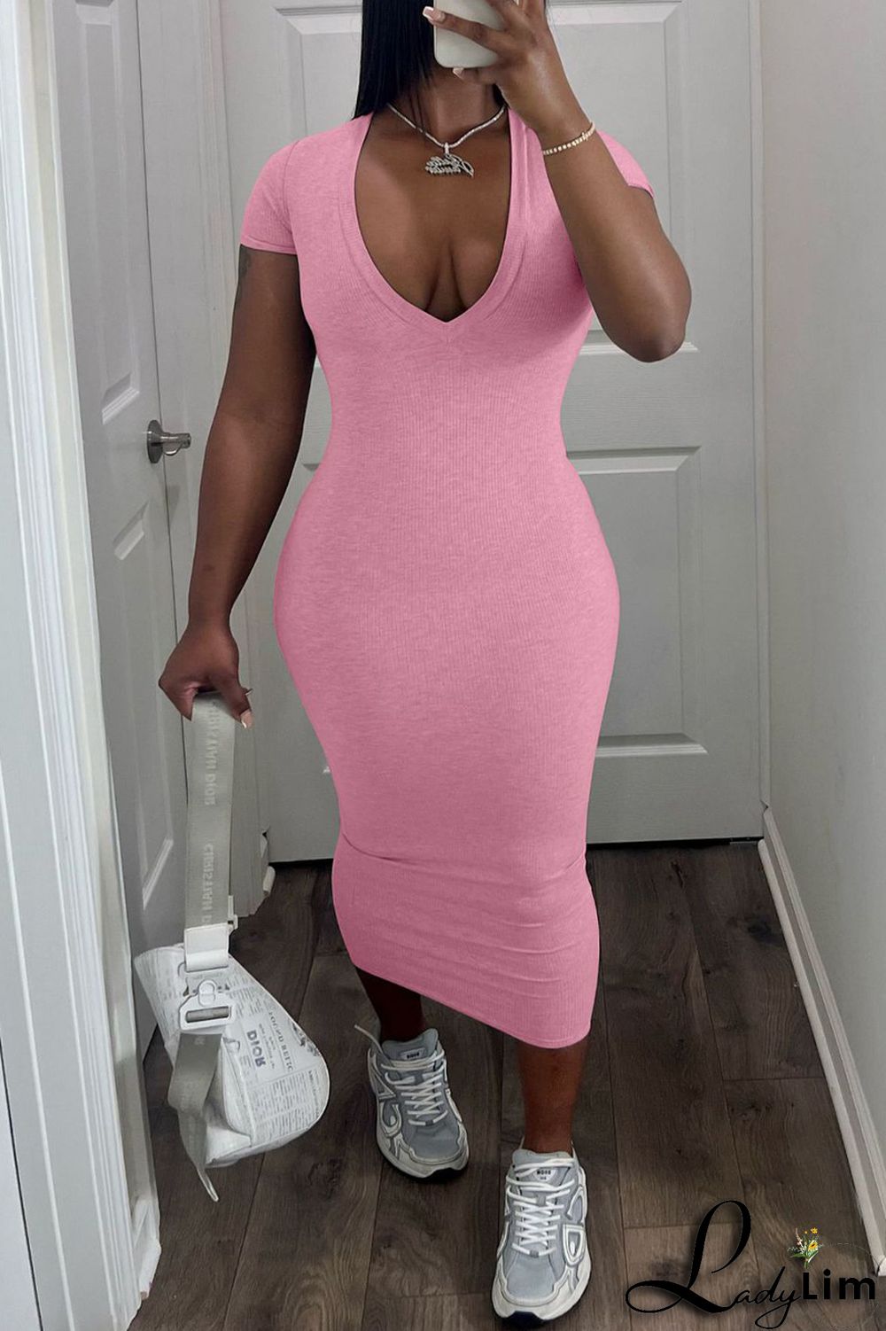 Coffee Casual Solid Basic V Neck Short Sleeve Dress Dresses