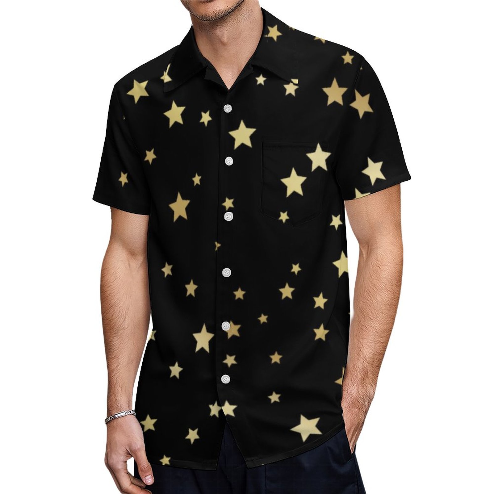 Gold Stars On Black Background Hawaiian Shirt Mens Button Down Plus Size Tropical Hawaii Beach Shirts