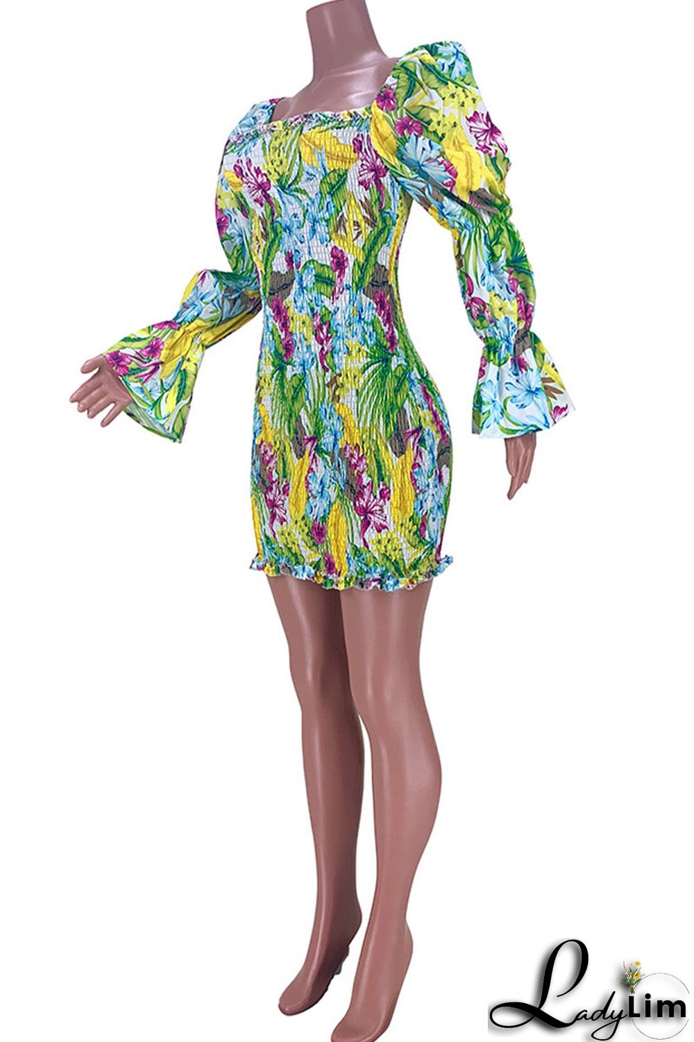 Grass Green Fashion Sweet Print Patchwork Square Collar Pencil Skirt Dresses