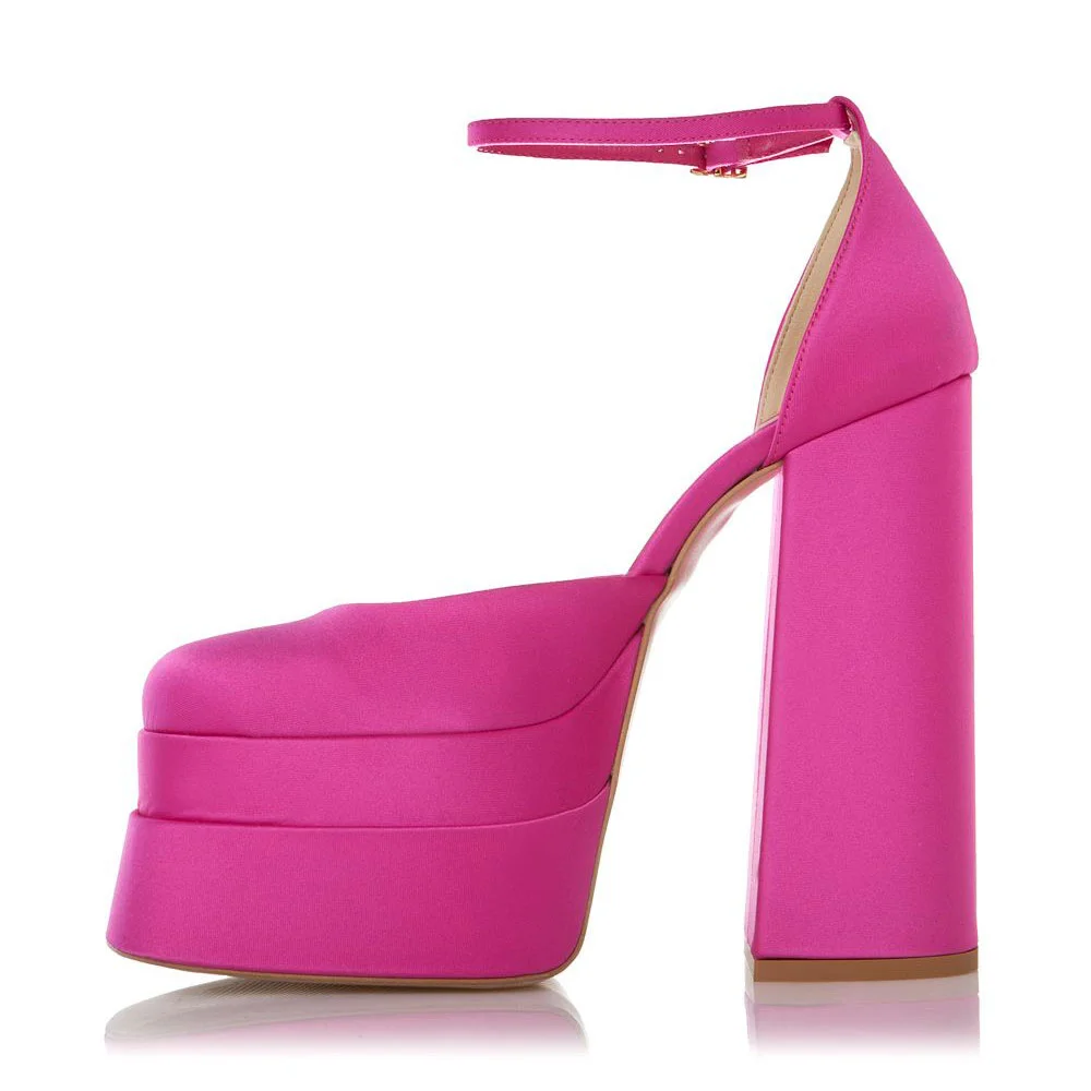 Chic Fuchsia Satin Square Toe Chunky High Heel Platform Pumps
