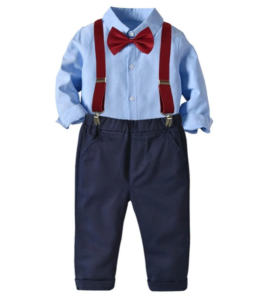 Buzzdaisy Boys Outfit Set Blue Cotton Shirt With Bow Tie And Suspender Pants