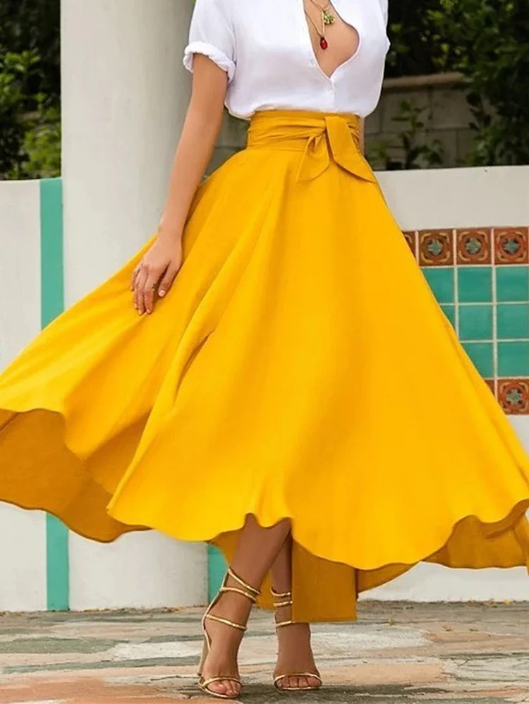 Elegant Lace-up Waist Pocket Solid Swing Maxi Skirt