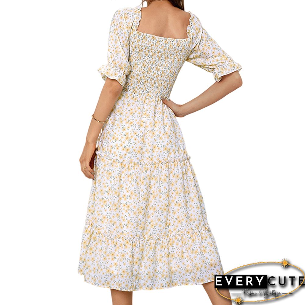 Yellow Square Neck Swing Floral Dress