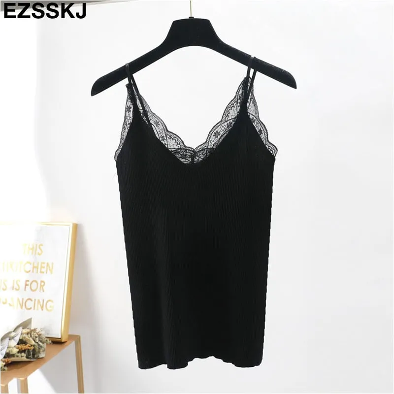 Sexy basic lace camisole Summer knit Tank top Women Adjustable strap camisole female camis  High Elasticity top casual
